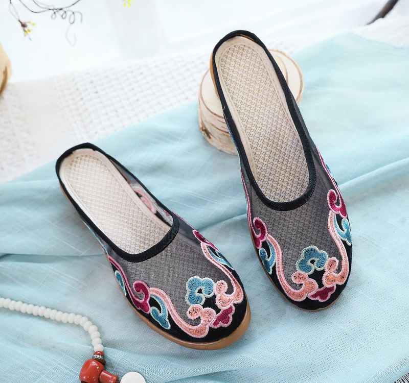 Slippers, Mesh Embroidered Fabric Shoes, Summer Cow Tendon Soles, Casual Women's Outerwear Sandals_voghion.com