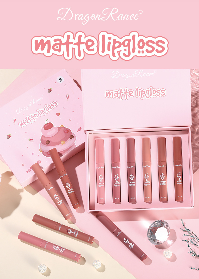 Dragonranee 6-Piece Matte Lip Gloss Set - Non-Stick, Nude & Skin Tone Shades, Adorable Makeup Gift Box_voghion.com