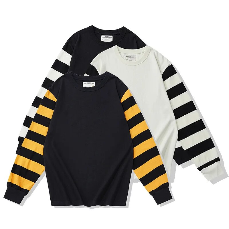 Spring Autumn Long Sleeve T-shirt Men Casual Cotton Mixed Color Round Neck Mens Tee Shirt Striped Motorcycle T-shirt For Men_voghion.com