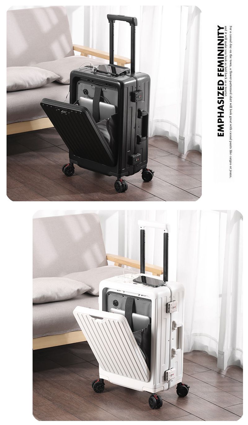 Bagaglio a mano resistente con telaio in alluminio, porta di ricarica USB, portabicchieri e supporto per telefono - Valigia leggera in ABS+PC per viaggi d'affari_voghion.com