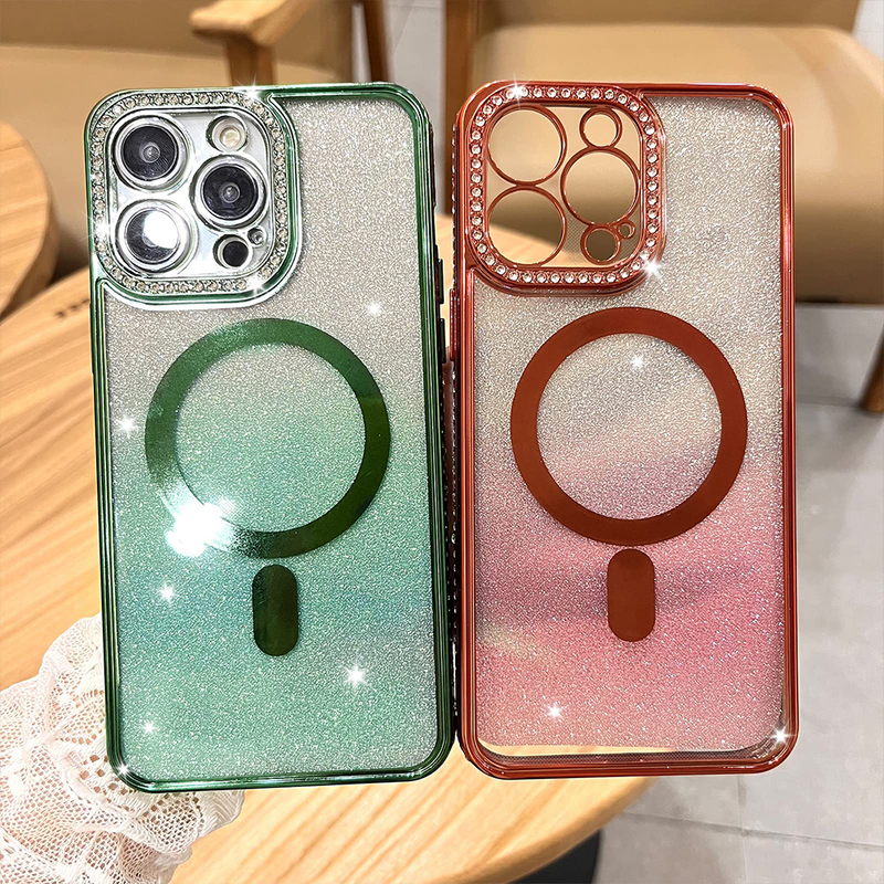 Fo Magsafe Glitte Diamond Case Fo iPhone 15 14 13 11 12 Po Max Plus Clea Magnetische Wieless Chaging Shockpoof_voghion.com