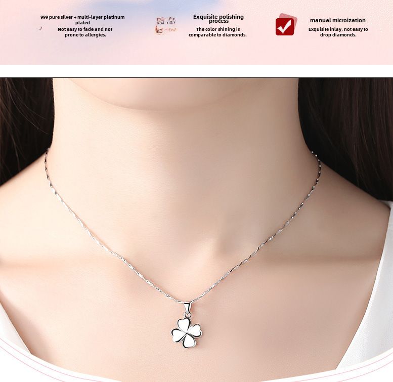 Collana con ciondolo a quadrifoglio liscio e semplice S999, all'ingrosso, con clavicola, semplice ornamento in argento per donna_voghion.com