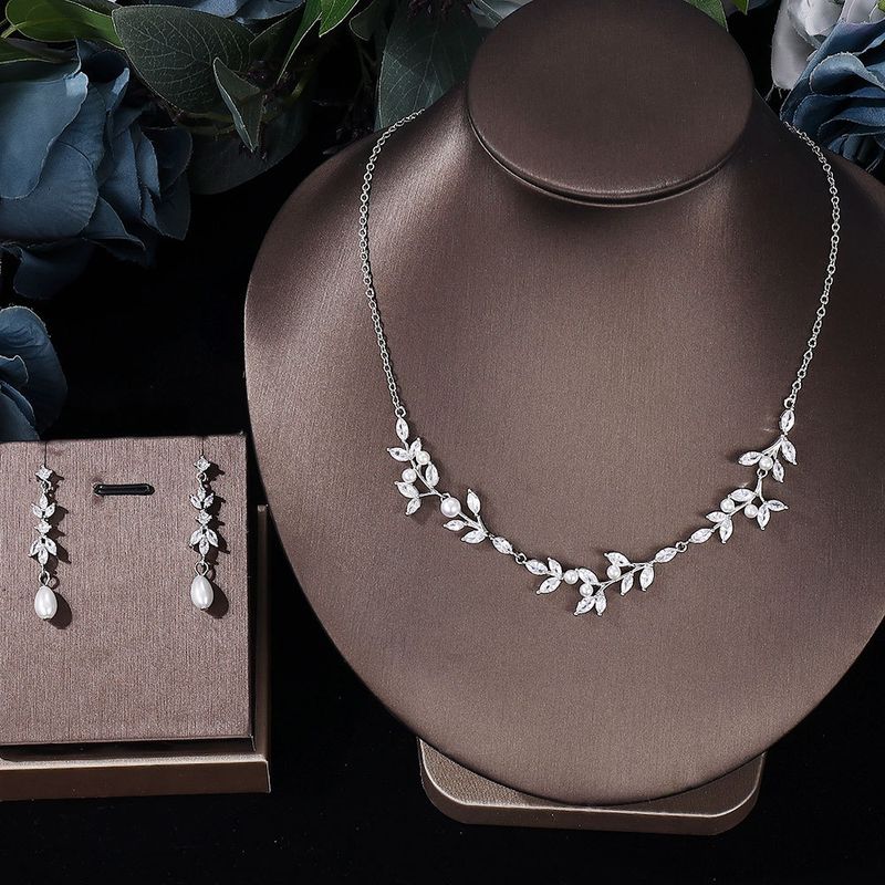 Festa popular Reunião Anual Estilo Diamante Série Floresta Colar de Pérolas Atmosfera de Alta Qualidade Folhas Brincos de Zircônia Joias_voghion.com