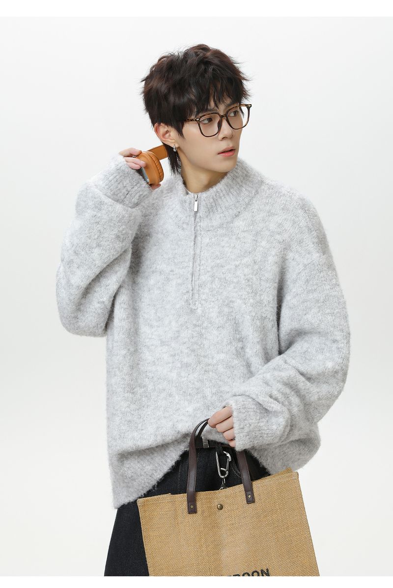 Half Zipper Stand-up Collar Pullover Sweater Men's Autumn And Winter Style Texture Warm Lazy Wind Loose Half Turtleneck Knitted Sweater Jacket_voghion.com