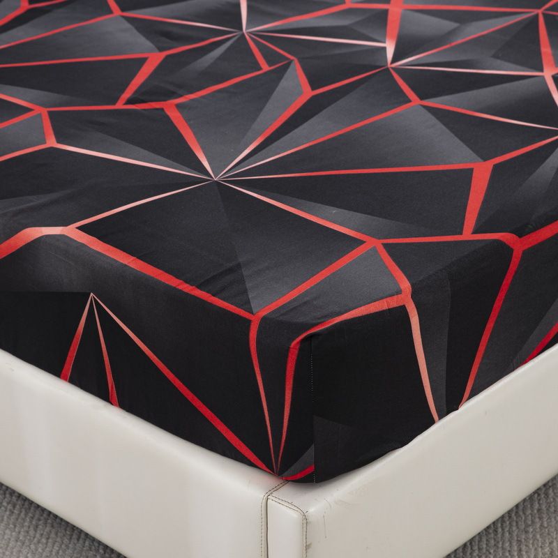 Sábana bajera ajustable de poliéster con diseño geométrico abstracto en negro y rojo, agradable para la piel y protectora de colchón._voghion.com