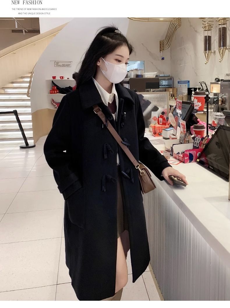 Women's woolen coat with horn buckle, autumn and winter 2023 New woolen coat, small mid-length Hepburn trendy_voghion.com