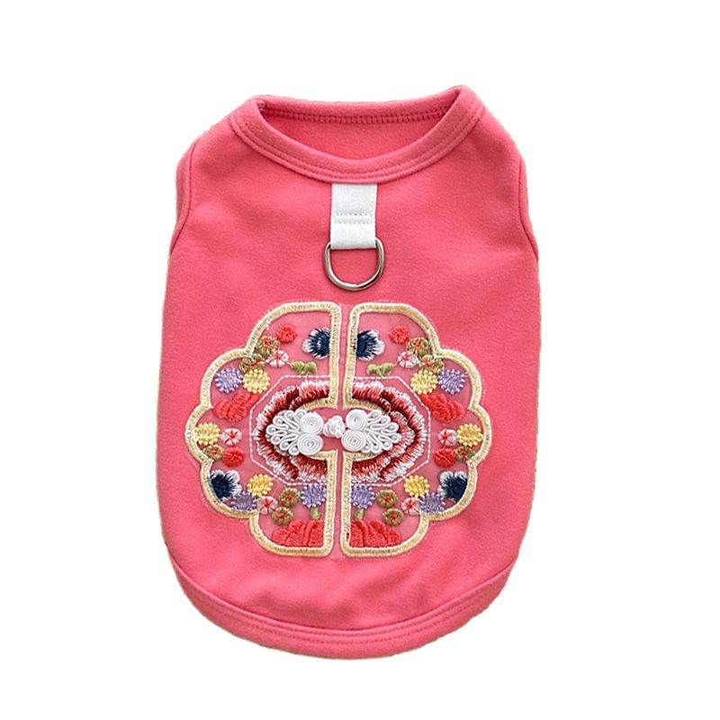 Spring Summer Pet Dog Cat Clothes Teddy Bichon New Chinese Style Plate Buckle Embroidery Leash Vest_voghion.com