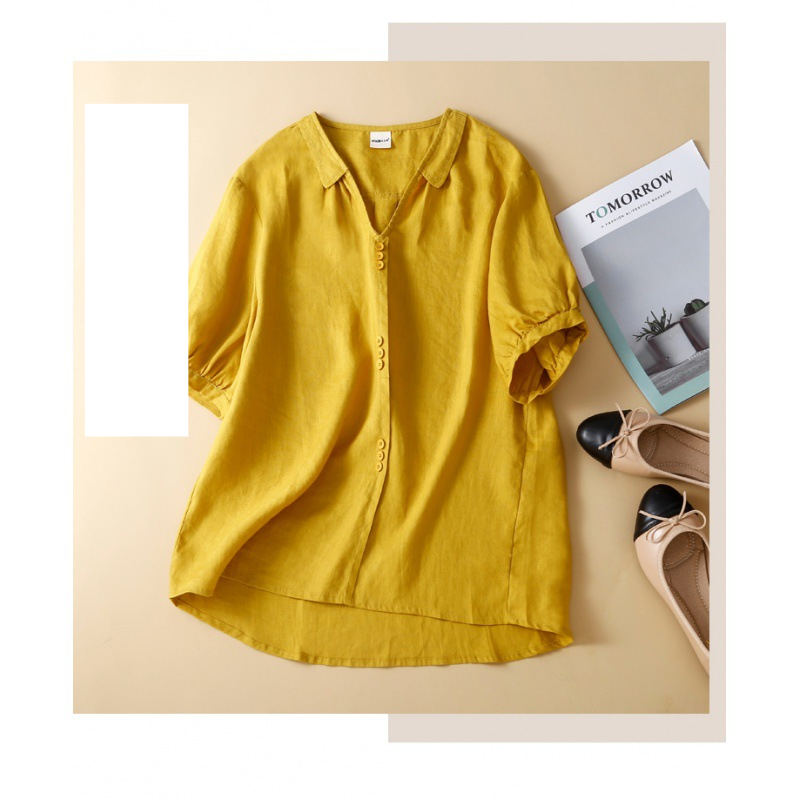 nuove magliette estive casual artistiche in cotone e lino, camicie a maniche corte con scollo a V da donna_voghion.com