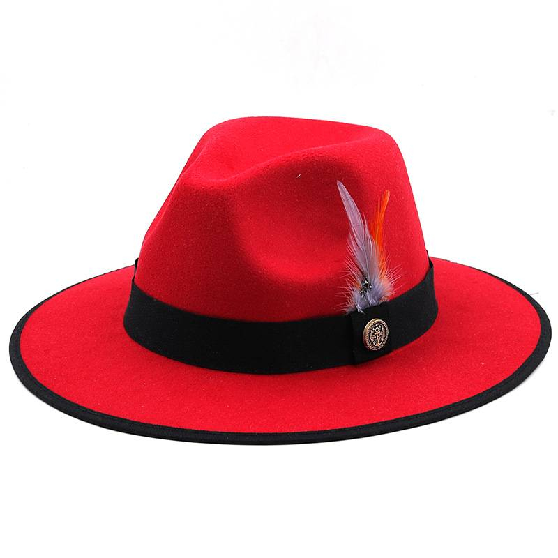 Bordered solid color feather woven belt woolen felt hat, European and American autumn and winter party fashion flat brim jazz top hat_voghion.com