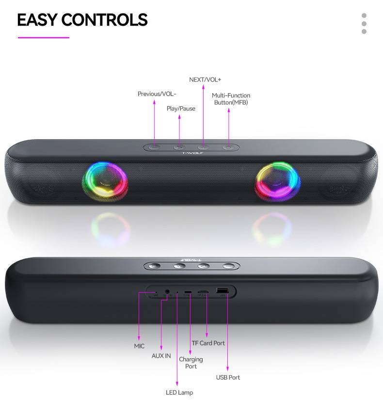 T-WOLF ilgas RGB šviesą skleidžiantis „Bluetooth“ garsiakalbis B320 žaidimų namų stereo 3d aukštos kokybės C tipo garsiakalbis_voghion.com