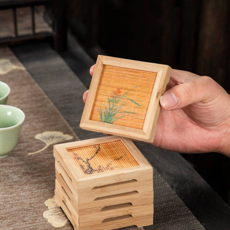 Coasters 1PC Kung Fu Tea Ceremony Bamboo Thermal Insulation Round Wooden Coasters Mosaic Coasters_voghion.com