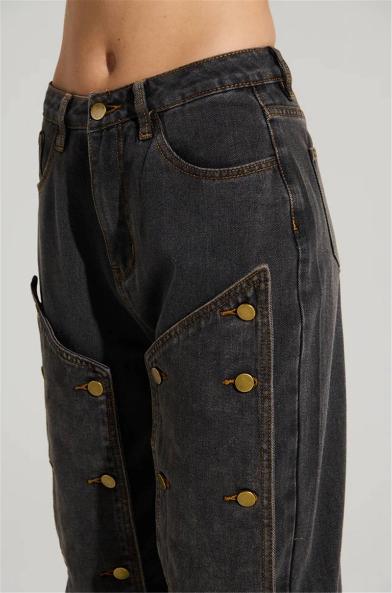 Women's High Waist Straight Jeans - Detachable Snap Button & Asymmetrical Design For Streetwear Fashion_voghion.com