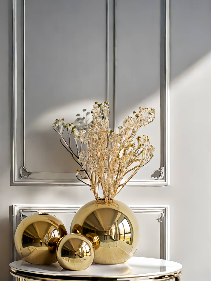 Un vaso sferico dorato di lusso, leggero, adatto per soggiorno, studio, scrivania, decorazione dell'ingresso, fiori freschi in vaso_voghion.com