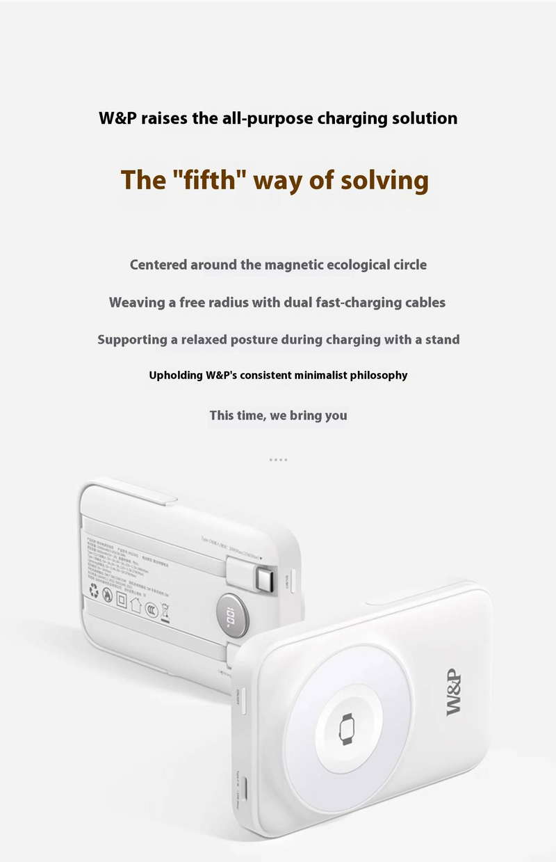 W&P Magnetische Draadloze Powerbank 10000mAh met ingebouwde dubbele kabels en telefoonhouder | 27W snelladen | Compatibel met iPhone 6-16 serie_voghion.com