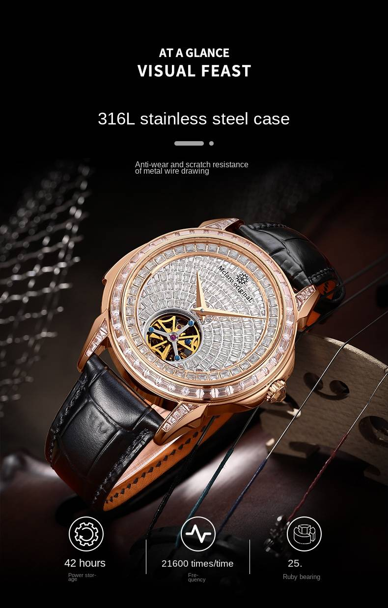 Mechanische Uhr „Eye Of Power“ von McLaro: Diamantbesetztes Goldgehäuse, silbernes Zifferblatt und Kalbslederarmband für Business oder Freizeit_voghion.com
