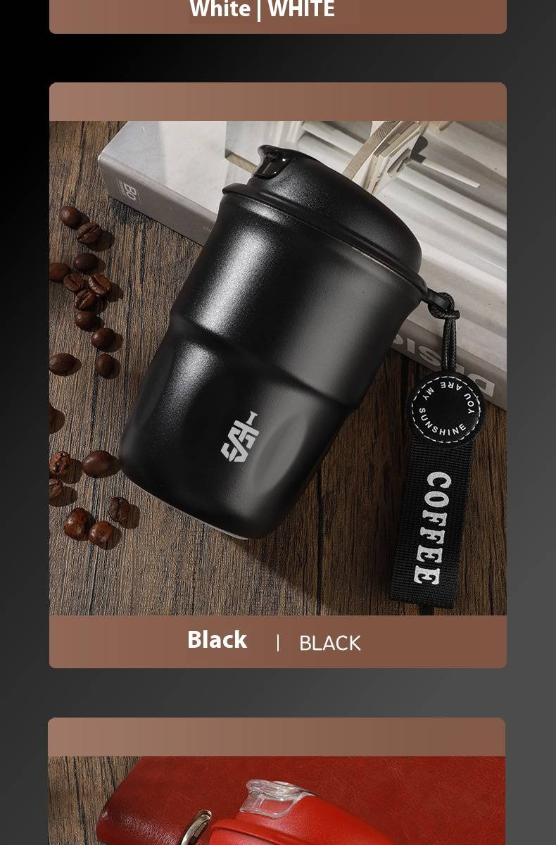 Copo de café moderno e minimalista – Caneca de viagem de aço inoxidável de 320 ml com pega confortável, tampa à prova de vazamentos para bebidas quentes e frias, escritório_voghion.com