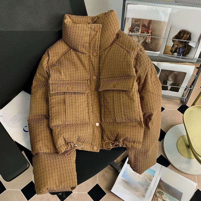 Piumino invernale da donna, corto, trapuntato, oversize, caldo, stile retrò, casual, streetwear, color cachi_voghion.com