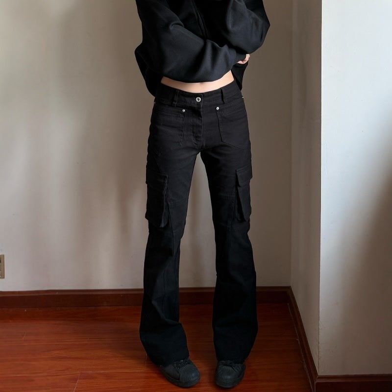 Pantaloni cargo retrò unisex – Jeans da lavoro neri multiuso (gamba dritta, modello bootcut, design multitasche)_voghion.com