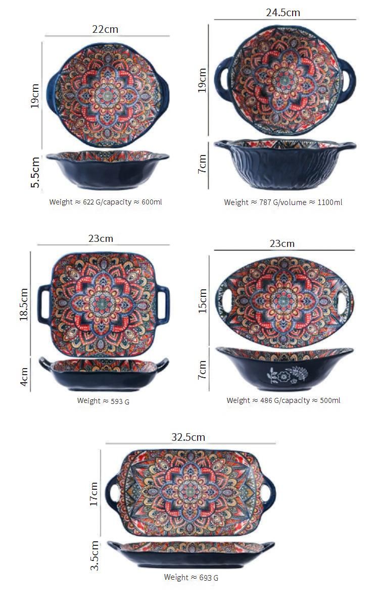 Bohemian Ceramic Dinnerware Set - Hand-Painted Stone Pattern Bowls & Plates, Vintage Blue Wave Design For Home Dining,_voghion.com