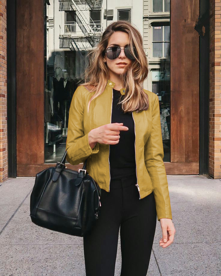 Spring Autumn Oversized Stand Collar Fashion Zipper Jacket Ladies Slim All-match PU Leather Coat Top Women Solid Color_voghion.com
