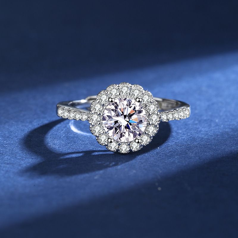 S Silver Round Four Claw Mosang Stone med justerbar öppningsring, Star Ocean vigselring_voghion.com