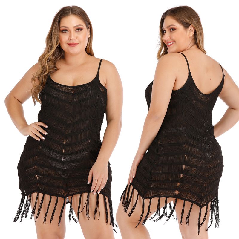 plus size women's sexy see-through hollow woven suspender dress tassel stitching beach skirt for women_voghion.com