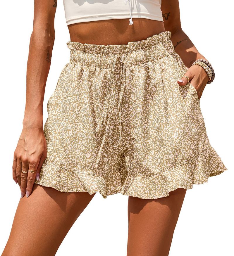 Women's Summer New Fashion Chiffon Printed Casual Pocket Elastic High Waist Ruffle Shorts_voghion.com