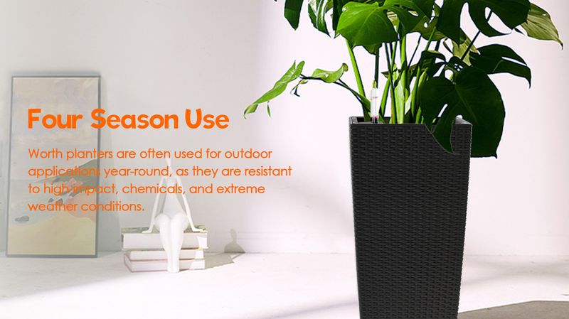 Square Planter For Indoor Or Outdoor Use, 22-Inch High Rattan Design Flower Pot With Automatic Watering System For Porch, Patio, Backyard, Makes Keeping Flowers Easier (Pack Of 2, Black)_voghion.com