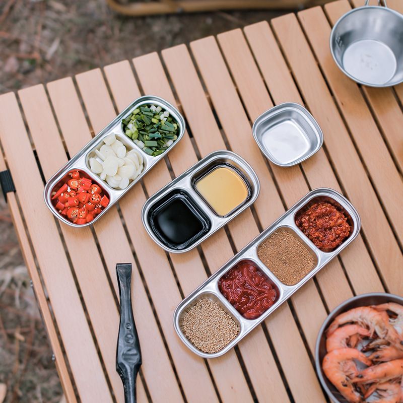 Utensilio de camping con vinagre y dos o tres rejillas, plato para salsa con divisiones para condimentos de acero inoxidable 304 para exteriores, tazón para mojar_voghion.com