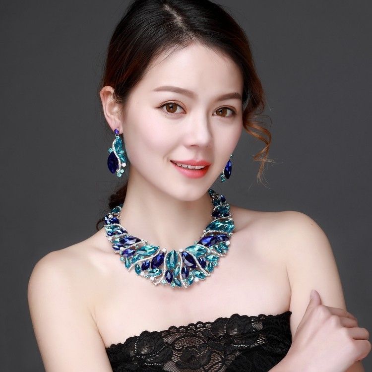 High Beauty Exaggerated Crystal Glass Short Collar Necklace Earring Set Women's Dress Evening Bridal Accessories_voghion.com