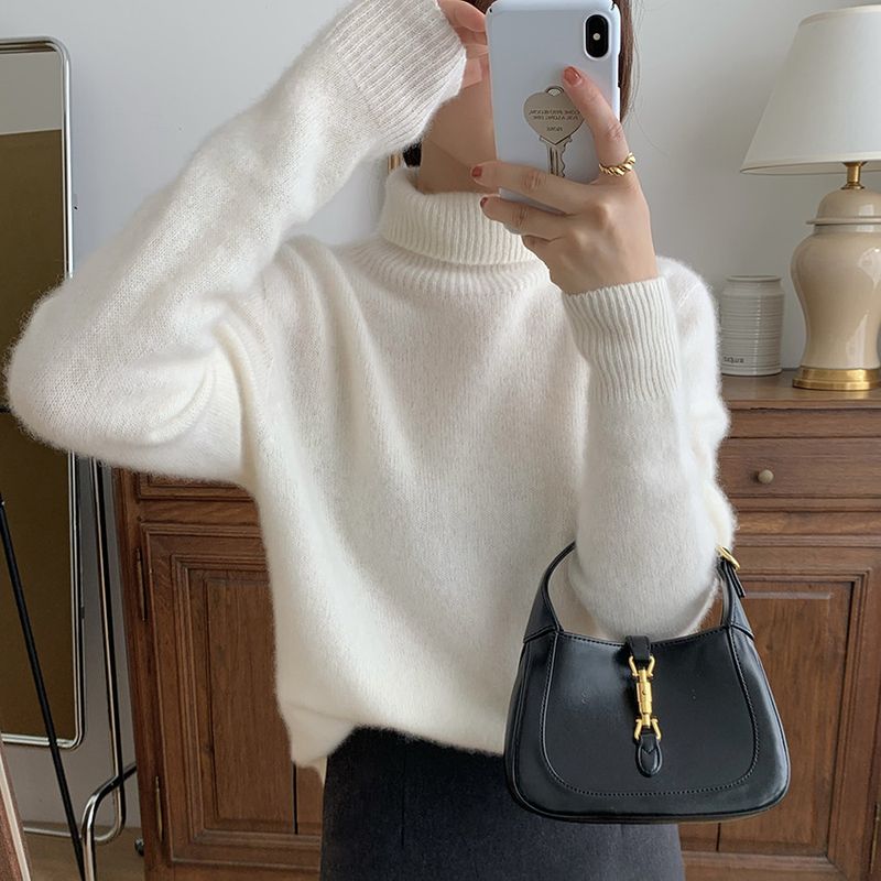 Grobstrickpullover mit hohem Halsausschnitt für Damen – Übergroßer, lässiger Rollkragenpullover, weiche Acrylmischung, einfarbiges Thermo-Oberteil für den Winter (Grau, Schwarz, Beige)_voghion.com