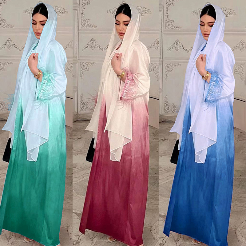MQ060 Dubai Malaysia Solid Gradient Fashion Feather Abaya Two Piece Dress_voghion.com