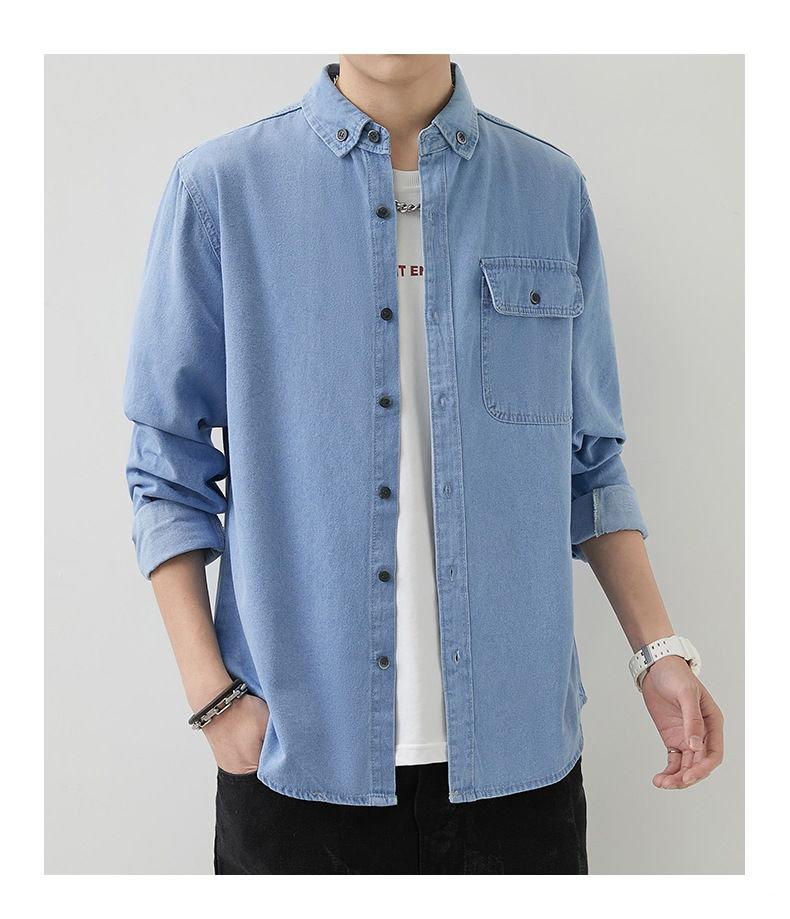 Abbigliamento da uomo, camicia a maniche lunghe in denim sottile da uomo, giacca da lavoro casual da uomo, primavera e autunno, tinta unita_voghion.com