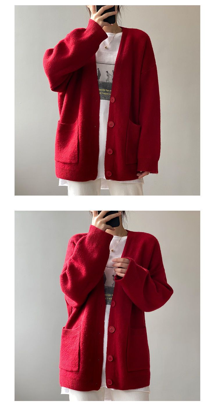 Cardigan en tricot surdimensionné à col en V pour femme, coupe ample, couleur unie, boutonné, décontracté_voghion.com