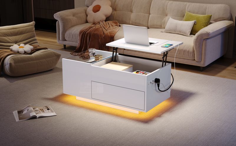 Table basse réglable en hauteur 95 x 48 x 42 cm avec rangement dissimulé, éclairage LED, tiroir et prise – Table d'appoint de salon blanche_voghion.com