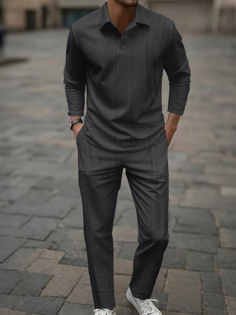 Heren herfst- en winterpak met lange mouwen en broek Dagelijks casual uitje Jacquard revers tweedelig pak_voghion.com