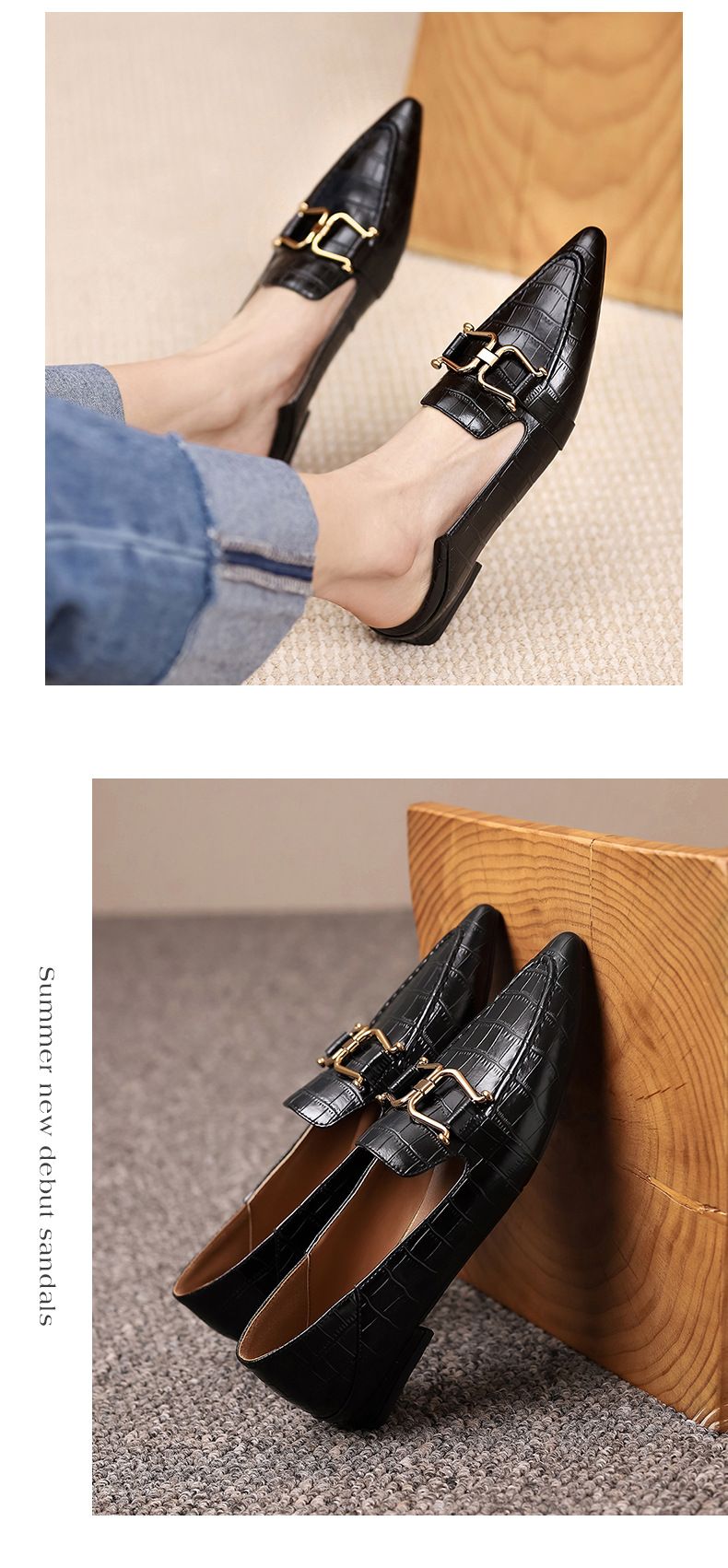 echte Loafer mit spitzen Metallschnallen, flache Unterseite, kleiner Absatz, mittlerer Mund, weiches Leder, Single_voghion.com