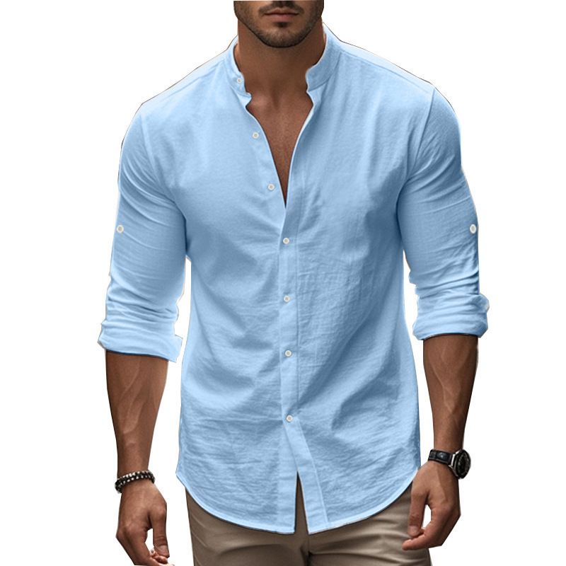 2025 Autumn Men's Cotton Long Sleeve Button TK Plus Size Henry Collar Linen Shirt_voghion.com