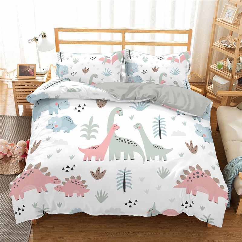 Set di biancheria da letto con dinosauro in cartone animato con copripiumino in poliestere, set da tre pezzi con stampa digitale_voghion.com