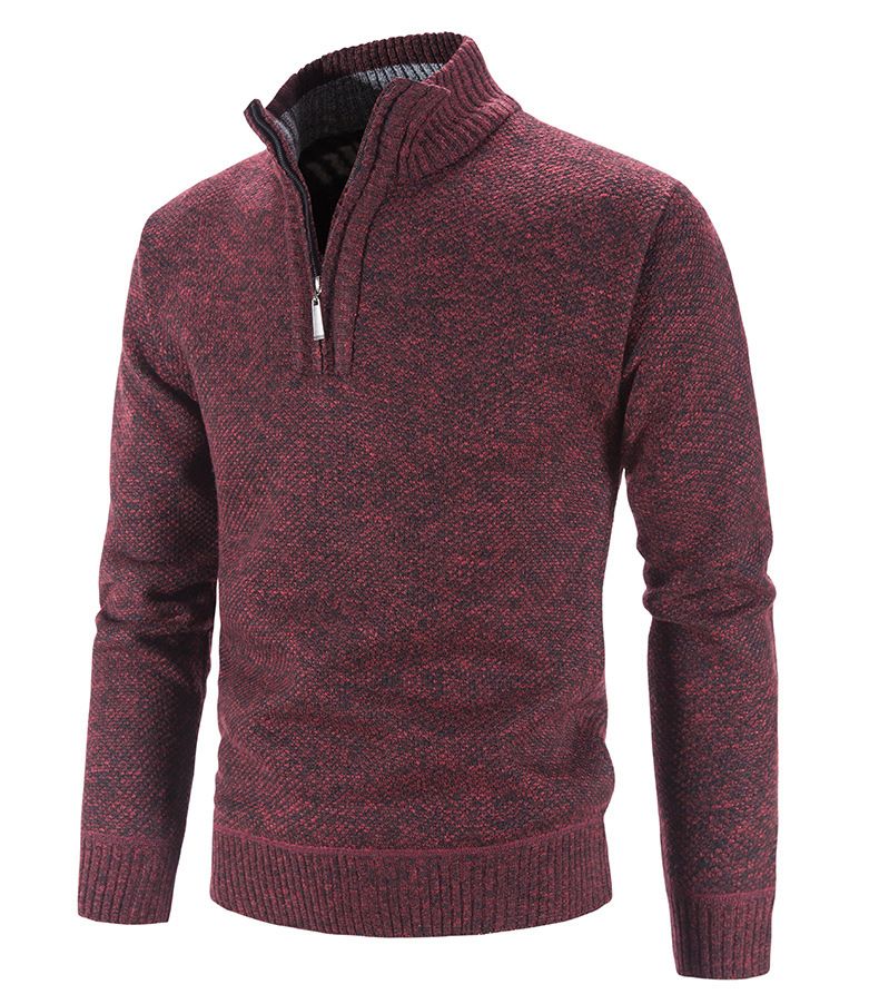 Autumn Winter Thick Knitted Solid Color Zipper Mock Neck Slim Fit Knit Sweater Men Casual Pullover Man_voghion.com