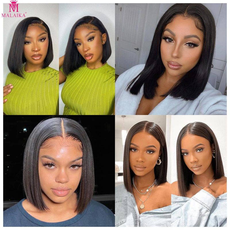 MALAIKA 13x4 Lace Straight Short Bob Human Hair Wigs With Brazilian Remy Hair Black Wigs With 180% Density Wigs For Women Human Hair_voghion.com