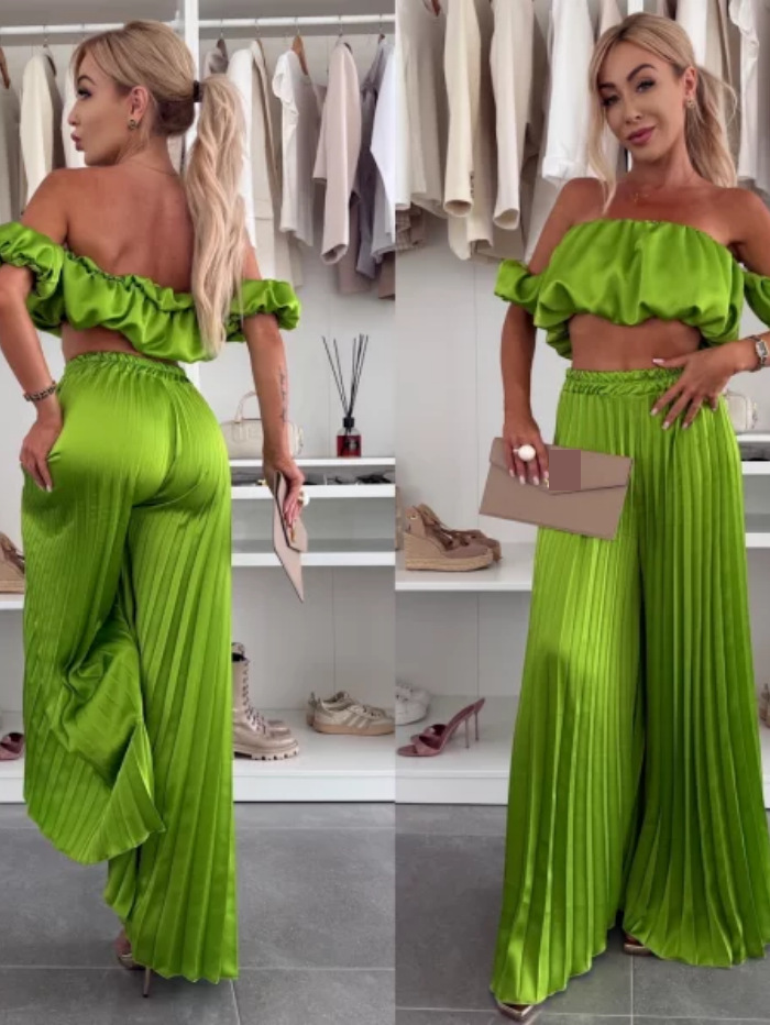 Dameskleding Effen kleur Temperament Tube Top Geplooide broek Pak_voghion.com