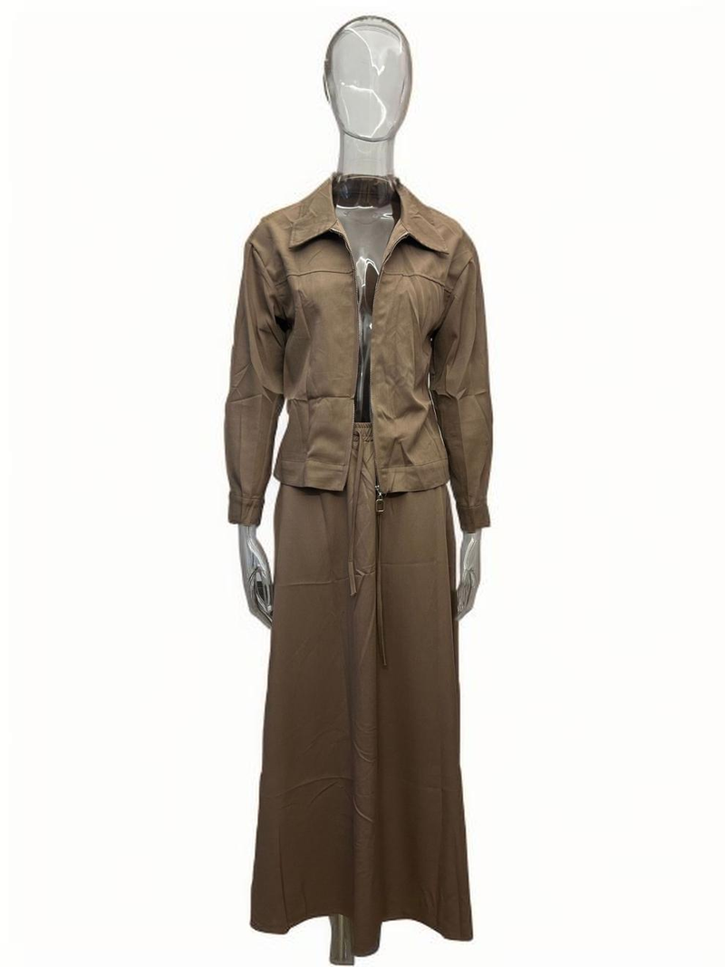 Ensemble 2 pièces pour femme – Haut élégant à manches longues et jupe midi plissée (polyester décontracté, XS-XXXL) – Beige/Marron/Bleu_voghion.com