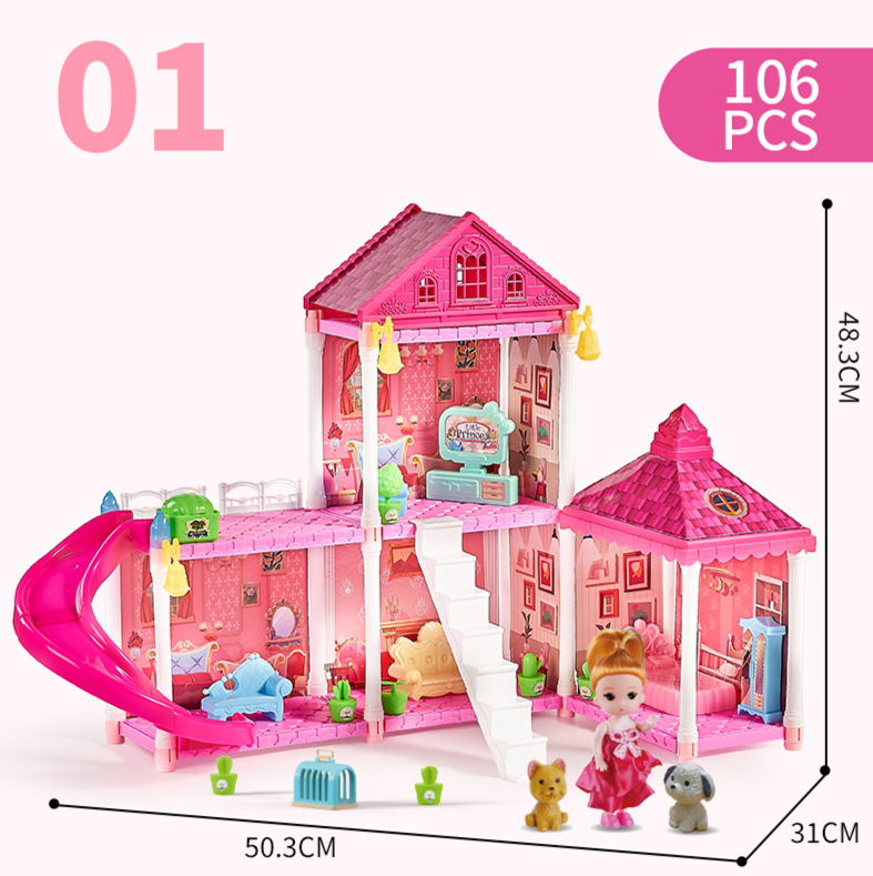 Mutter & Kinder Prinzessinnenschloss Spielhaus Spielzeug Mädchen DIY Puppenhaus Pool Balkon, Mehrzimmer Villa Spielset, Rollenspiel Geschenk für Kinder (2 Etagen, 4 Zimmer)_voghion.com