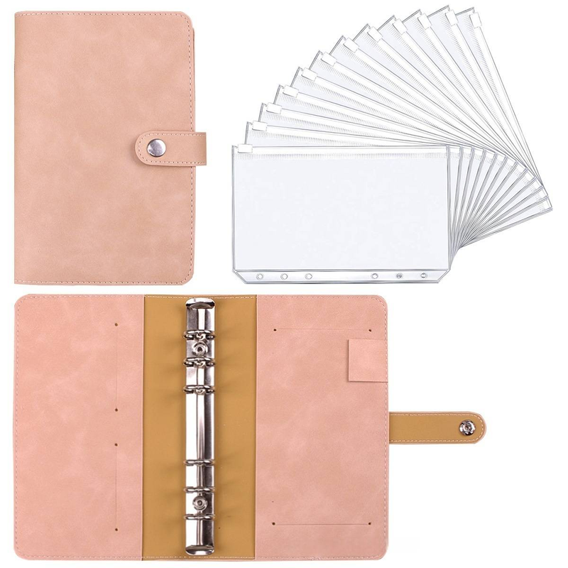 Caderno A6 de couro PU com mecanismo de 6 argolas, inclui 12 bolsos com zíper e 16 adesivos – perfeito para orçamento, diário e organização_voghion.com