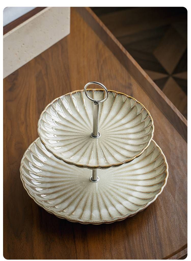Double-Layer Ceramic Fruit Tray With Hand-Painted Floral Edge – Elegant Afternoon Tea Stand For Snacks, Desserts & Party Serving_voghion.com