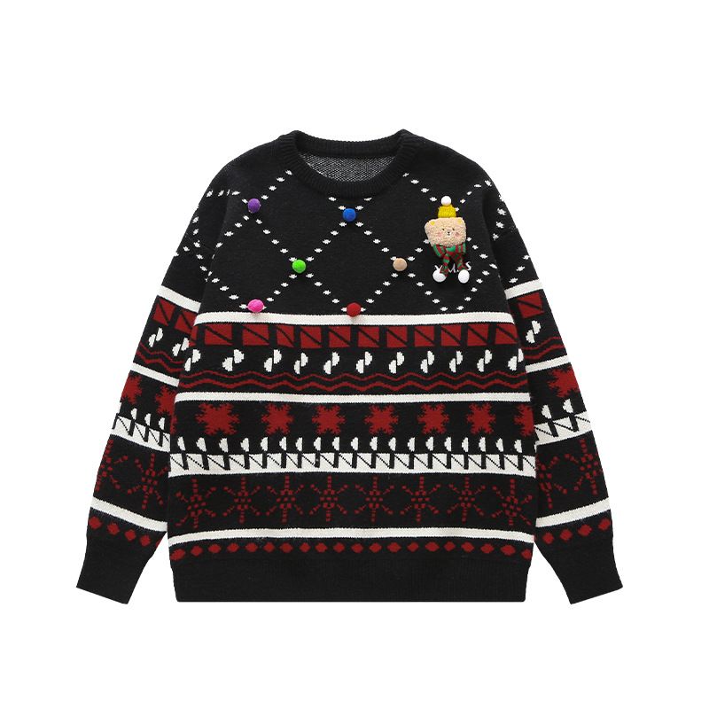 Cozy Christmas Sweater With Playful Doll Design - Oversized Knit Pullover For Women & Teens (Red, Cream, Black) - S/M/L/Xl_voghion.com