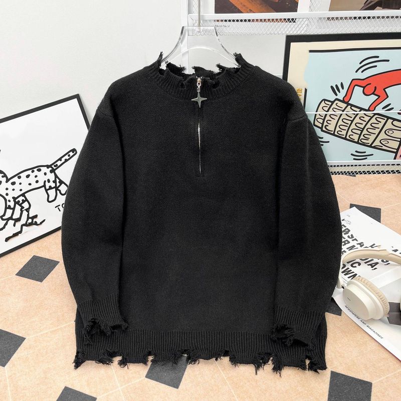 Maglione da uomo in maglia effetto consumato con mezza zip – Pullover streetwear oversize con orlo grezzo_voghion.com