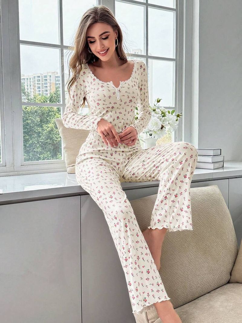 Ensemble de pyjama côtelé pour femme - Pyjama sexy à manches longues et col en V (2 pièces) pour toutes les saisons_voghion.com