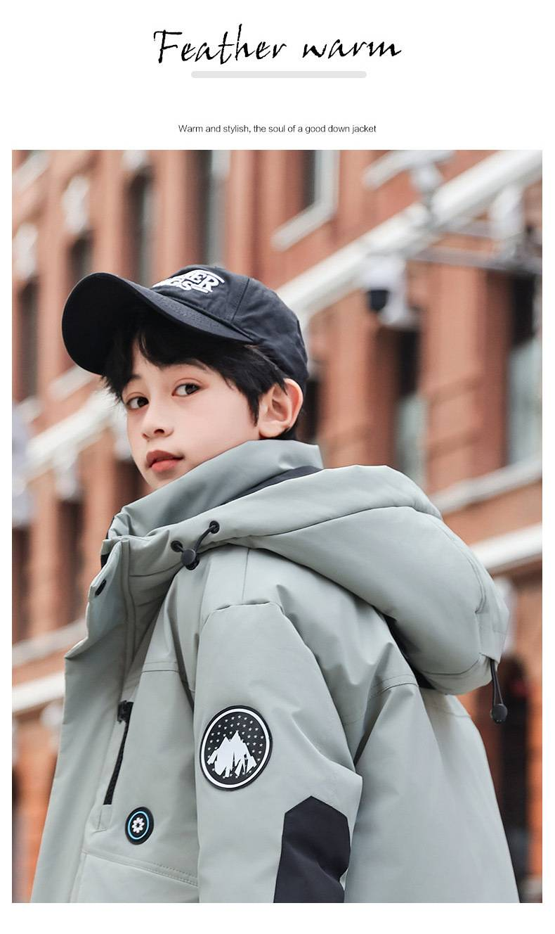 Mother & Kids Warm & Stylish Boys' Long Down Jacket With Hood - Soft Duck Feather Filling, High Waist Design, Winter Coat For Kids (Black, Beige)_voghion.com